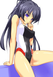 Rule 34 | 1girl, blue hair, blush, breasts, buresu, censored, clothing aside, competition swimsuit, covered erect nipples, highleg, highleg swimsuit, impossible clothes, impossible swimsuit, large breasts, long hair, memories off, memories off 2nd, one-piece swimsuit, pee, peeing, ponytail, purple eyes, pussy, solo, suzuna takano, swimsuit, swimsuit aside