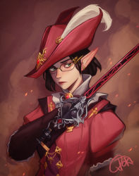 Rule 34 | 1girl, black hair, blue eyes, closed mouth, commission, earrings, elezen, elf, facing viewer, final fantasy, final fantasy xiv, glasses, gloves, hat, jewelry, lips, looking to the side, pointy ears, qtori, red background, red mage (final fantasy), short hair, signature, solo, sword, weapon, zaprix