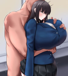 Rule 34 | 1boy, 1girl, absurdres, ahegao, black hair, blazer, grabbing another&#039;s breast, breasts, clothed female nude male, clothed sex, gigantic breasts, grabbing, highres, jacket, nude, persona, persona 5, pleated skirt, sex, sex from behind, skirt, tiger drop, tongue, tongue out, tougou hifumi