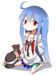 Rule 34 | 1girl, ahoge, bare shoulders, barefoot, bikini, bikini top only, blue hair, blush, boots, unworn boots, brown footwear, center frills, chibi, collarbone, flat chest, food, frills, fruit, full body, hat, unworn hat, unworn headwear, hinanawi tenshi, knee boots, long hair, looking at viewer, necktie, neropaso, open clothes, open shirt, peach, rainbow order, red eyes, red necktie, shirt, short sleeves, simple background, sitting, solo, spread legs, swimsuit, touhou, undone necktie, very long hair, wariza, white background, white bikini, white shirt