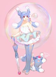Rule 34 | 1girl, :d, ^ ^, artist name, bare arms, bare shoulders, blue hair, blue thighhighs, blush, brionne, closed eyes, closed umbrella, collarbone, creatures (company), dress, eyebrows, fang, full body, game freak, gen 7 pokemon, heart, holding, holding umbrella, layered dress, legs together, namie-kun, nintendo, open mouth, personification, pink background, pokemon, pokemon (creature), pokemon sm, quad tails, red eyes, shoes, simple background, smile, soap bubbles, standing, strapless, strapless dress, tareme, thighhighs, umbrella, white dress, white footwear, zettai ryouiki