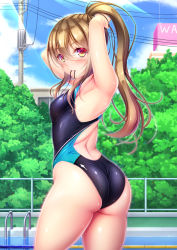 Rule 34 | 1girl, armpits, arms up, ass, back, black one-piece swimsuit, blush, breasts, brown hair, building, chain-link fence, commentary request, competition swimsuit, fence, highres, hiro (725611), long hair, looking at viewer, mouth hold, one-piece swimsuit, original, outdoors, ponytail, pool, pool ladder, poolside, power lines, red eyes, small breasts, solo, standing, swimsuit, thighs, tree, tying hair, utility pole