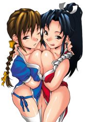 Rule 34 | 2girls, :p, black hair, blush, braid, breast press, breasts, brown hair, cowboy shot, crossover, dead or alive, fatal fury, female focus, hug, kasumi (doa), large breasts, licking, loincloth, long hair, multiple girls, ninja, nishimo, one eye closed, pelvic curtain, ponytail, shiranui mai, simple background, single braid, snk, symmetrical docking, tecmo, the king of fighters, thighhighs, thighs, tongue, tongue out, trait connection, white background, white legwear, wink