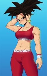 Rule 34 | 1girl, abs, black hair, blue background, breasts, cleavage, dragon ball, dragon ball super, echo saber, highres, kefla (dragon ball), muscular, navel, pants, simple background, solo, sports bra, sportswear, sweat, tank top, toned