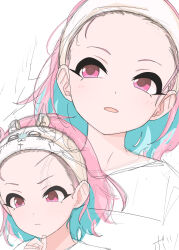 Rule 34 | 1girl, alternate hairstyle, aqua hair, closed mouth, forehead, hand up, highres, idolmaster, idolmaster cinderella girls, kakki (kackie), looking to the side, medium hair, multicolored hair, multiple views, open mouth, pink eyes, pink hair, shirt, simple background, sketch, solo, two-tone hair, upper body, v-shaped eyebrows, white background, white shirt, yumemi riamu