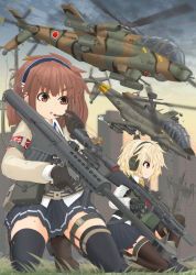 Rule 34 | 2girls, 4others, :o, absurdres, agm-114 hellfire, ah-56 cheyenne, air-to-surface missile, aircraft, ammunition box, anti-materiel rifle, anti-tank guided missile, anti-tank missile, armband, attack helicopter, autocannon, automatic grenade launcher, barrett m82, barrett m82a2, belt, black footwear, black gloves, black legwear, black skirt, black vest, blonde hair, blue neckwear, blurry, blurry background, blurry foreground, body armor, boots, bow, bowtie, brown eyes, brown footwear, brown hair, brown jacket, building, bullpup, cannon, closed mouth, cloud, cloudy sky, commentary request, depth of field, dress shirt, english text, frown, gatling gun, gloves, gradient sky, grass, green hair, grenade launcher, gun, gun pod, h&amp;k hk21, head tilt, headset, helicopter, highres, holding, holding weapon, holster, jacket, japan, kneeling, lockheed corporation, long sleeves, m129 grenade launcher, m134 minigun, machine gun, medium hair, mikeran (mikelan), military, minigun, miniskirt, missile pod, motion blur, multiple-barrel firearm, multiple girls, multiple others, on one knee, open mouth, orange neckwear, original, outdoors, pilot, pilot helmet, pleated skirt, precision-guided munition, print skirt, prototype design, rifle, rocket pod, rotary cannon, roundel, school uniform, scope, semi-automatic firearm, semi-automatic rifle, shirt, short hair, sign, single horizontal stripe, skirt, sky, smile, sniper rifle, suppressor, surface-to-surface missile, thigh holster, thighhighs, trigger discipline, turret, twilight, united states, utility belt, utility pole, vest, warning sign, weapon, white shirt, wing collar