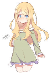 Rule 34 | 1girl, bare shoulders, blonde hair, blue eyes, blush, closed mouth, cowboy shot, cropped legs, dated, dress, green dress, long hair, long sleeves, looking at viewer, maze (gochama ze gohan), off-shoulder dress, off shoulder, original, signature, simple background, sketch, sleeves past wrists, solo, white background
