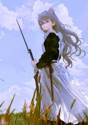 Rule 34 | 1girl, animal ears, apron, bayonet, belt, black dress, blue sky, cat ears, cat girl, cloud, dress, feet out of frame, feiqizi (fkey), field, fkey, flower, frown, grass, gun, hair between eyes, highres, holding, holding gun, holding weapon, long hair, looking at viewer, maid, maid apron, original, red eyes, rifle, sheath, sky, sleeve cuffs, solo, standing, strap, swept bangs, unsheathed, weapon