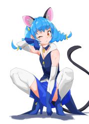 Rule 34 | 1girl, animal ears, armpits, bare shoulders, blue choker, blue footwear, blue gloves, blue hair, blue skirt, blue vest, boots, braid, cat ears, cat girl, cat tail, choker, collarbone, commentary, cure cosmo, detached sleeves, gloves, hand up, high heel boots, high heels, highres, long hair, magical girl, orange eyes, paw pose, pleated skirt, precure, shadow, simple background, skirt, solo, squatting, star twinkle precure, tail, tanabe (fueisei), thighhighs, triangle hair ornament, twin braids, vest, white background, white sleeves, white thighhighs, yuni (precure), zipper