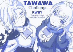 Rule 34 | 2girls, :/, ahoge, arrow (symbol), blue theme, blush, breasts, character name, cleavage, closed mouth, commentary request, eyebrows, female focus, glasses, glynda goodwitch, hair between eyes, jacket, long hair, looking at viewer, medium breasts, midriff, moai (moai world), monochrome, multiple girls, open mouth, phone, puffy short sleeves, puffy sleeves, rwby, scarf, short sleeves, smile, strapless, tawawa challenge, tube top, upper body, wavy hair, white background, yang xiao long