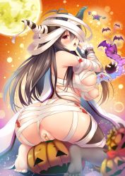 Rule 34 | 1girl, antenna hair, ass, bandaged arm, bandages, bandaid, bandaid on pussy, black gloves, black hair, black thighhighs, blood, blush, breasts, danua, feet, fingerless gloves, gloves, granblue fantasy, halloween, highres, horns, jack-o&#039;-lantern, kanopan, long hair, looking at viewer, looking back, moon, naked bandage, nipples, no shoes, open mouth, red eyes, soles, solo, star (symbol), thighhighs