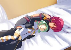 Rule 34 | 2girls, antenna hair, bandages, bed, blush, chinese clothes, chinkyuu, denim, denim shorts, detached sleeves, green hair, hair bobbles, hair ornament, hairclip, hat, height difference, hug, koihime musou, multiple girls, o o, open mouth, red hair, ryofu, short shorts, shorts, sleeping, striped legwear, thighhighs, twintails, yume developing