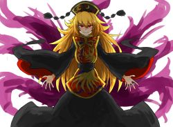 Rule 34 | 1girl, bad id, bad pixiv id, blonde hair, chinese clothes, evil grin, evil smile, fox tail, glowing, glowing eyes, grin, hat, junko (touhou), kankan33333, long hair, red eyes, shaded face, slit pupils, smile, solo, tail, touhou, wide sleeves
