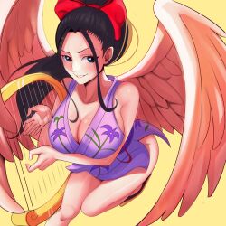 1girl absurdres bare_shoulders black_hair breasts cleavage hana_hana_no_mi harp highres huge_breasts instrument large_breasts long_hair nico_robin one_piece solo thighs wings