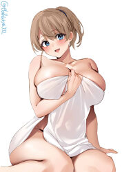 Rule 34 | 1girl, blue eyes, breasts, brown hair, cleavage, collarbone, covering privates, cowboy shot, ebifurya, highres, holding, holding towel, intrepid (kancolle), kantai collection, large breasts, legs, looking at viewer, naked towel, nude cover, one-hour drawing challenge, open mouth, ponytail, short hair, sitting, smile, solo, towel, twitter username, wariza, white background