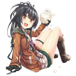 Rule 34 | 1girl, :d, arm support, black gloves, black hair, black legwear, blush, boots, brown eyes, brown jacket, bulbonne, commentary request, full body, gloves, green shorts, grimms notes, hair between eyes, has bad revision, has downscaled revision, head tilt, highres, holding, jacket, knee boots, long hair, long sleeves, looking at viewer, looking to the side, md5 mismatch, open clothes, open jacket, open mouth, resolution mismatch, round teeth, shane, shirt, short shorts, shorts, simple background, sitting, smile, solo, source smaller, teeth, thighs, upper teeth only, white background, white shirt
