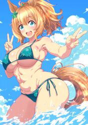 Rule 34 | 1girl, alternate costume, animal ears, aqua bikini, armpits, bare shoulders, bikini, blue eyes, blue sky, blush, breasts, brown hair, cleavage, cloud, cloudy sky, commentary request, cowboy shot, day, double v, hair ornament, highres, horse ears, horse girl, horse tail, kaicho (kaicho p), large breasts, long hair, navel, ocean, open mouth, outdoors, partially submerged, ponytail, side-tie bikini bottom, sky, smile, solo, star (symbol), star hair ornament, stomach, swimsuit, taiki shuttle (umamusume), tail, teeth, umamusume, upper teeth only, v, water, wet