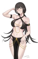 Rule 34 | 1girl, alternate costume, black hair, blush, breasts, cleavage, commentary, commission, cowboy shot, egyptian clothes, embarrassed, english commentary, english text, girls&#039; frontline, heterochromia, highres, long hair, looking at viewer, meme attire, midriff, modakawa dress, multicolored hair, navel, open mouth, orange eyes, pelvic curtain, ro635 (girls&#039; frontline), seilindekos, simple background, solo, speech bubble, streaked hair, sweatdrop, teeth, upper teeth only, white hair, yellow eyes, yomorio lingerie