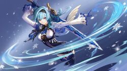 Rule 34 | 1girl, arm up, black hairband, blue cape, blue gloves, blue hair, blue necktie, boots, breasts, cape, chest harness, clothing cutout, eula (genshin impact), floating hair, genshin impact, gloves, greatsword, grey background, hairband, harness, high-waist shorts, highres, holding, holding sword, holding weapon, light particles, light smile, long sleeves, looking at viewer, maoliaijulizi, medium breasts, medium hair, necktie, outstretched arm, shorts, shoulder cutout, side cape, sidelocks, snowflakes, solo, song of broken pines (genshin impact), sword, sword behind back, thigh boots, vision (genshin impact), weapon, white sleeves, wide sleeves, yellow eyes