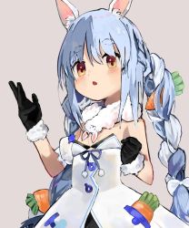 Rule 34 | 1girl, animal ears, black gloves, blue hair, braid, breasts, carrot, carrot hair ornament, cleavage, cowboy shot, don-chan (usada pekora), dress, food-themed hair ornament, fur trim, gloves, grey background, hair ornament, highres, hololive, kiiko (uj0lvnbd5lbnuki), long hair, looking at viewer, multicolored hair, open mouth, pocket, rabbit ears, rabbit girl, red eyes, short eyebrows, simple background, small breasts, solo, standing, twin braids, two-tone hair, usada pekora, usada pekora (1st costume), virtual youtuber, white dress, white hair