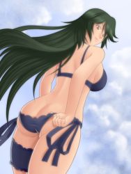 Rule 34 | 10s, 1girl, adjusting clothes, ass, back, butt crack, cloud, infinite stratos, long hair, looking at viewer, looking back, orimura chifuyu, sky, smile, solo