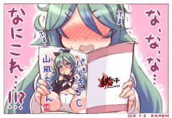Rule 34 | 1girl, artist name, black serafuku, blush, book, bow, bow panties, bra, cameltoe, clothes lift, commentary request, dated, embarrassed, green eyes, green hair, hair flaps, hair ornament, hairclip, highres, holding, holding book, kanon (kurogane knights), kantai collection, lifted by self, long hair, manga (object), navel, neckerchief, open book, open mouth, panties, ponytail, pornography, reading, school uniform, serafuku, shirt lift, smile, solo, sweat, nervous sweating, translated, trembling, underwear, white bra, white panties, yamakaze (kancolle)