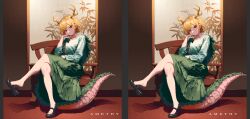 Rule 34 | 1girl, absurdres, amethy (19833275), antlers, arm support, artist name, black footwear, blonde hair, chair, closed mouth, commentary request, crossed legs, dragon girl, dragon tail, feet, full body, green shirt, green skirt, hand up, highres, horns, kicchou yachie, legs, long sleeves, looking at viewer, mary janes, pixel art, red eyes, shirt, shoe dangle, shoes, short hair, sitting, skirt, solo, tail, toe cleavage, touhou, turtle shell, yellow horns