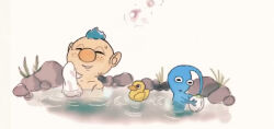 Rule 34 | alph (pikmin), black eyes, blue hair, blue pikmin, blue skin, bud, collarbone, colored skin, commentary request, freckles, ginii, grass, holding, holding towel, male focus, nintendo, onsen, parade, pikmin (series), ripples, rock, rubber duck, short hair, simple background, smile, steam, sweat, topless male, towel, triangle mouth, very short hair, white background, wiping face
