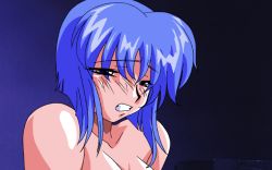 Rule 34 | 1girl, animated, animated gif, blue eyes, blue hair, blush, bouncing breasts, breasts, game cg, implied sex, large breasts, lilia milcrabe, matching hair/eyes, nipples, nude, open mouth, rape, sex, short hair, solo, tears, topless, viper, viper f40