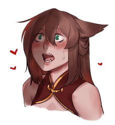 Rule 34 | 1girl, animal ears, bare shoulders, blush, brown hair, eyes visible through hair, fangs, green eyes, hair between eyes, heart, less, long hair, looking up, open mouth, original, portrait, shadow, solo, sweat, white background