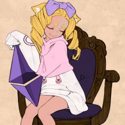 Rule 34 | 1girl, absurdres, animal ear fluff, animal ears, armchair, blonde hair, bow, cat ears, chair, closed eyes, closed mouth, drill hair, ethereum, fang, feet out of frame, hair bow, highres, holding, hood, hood down, hoodie, long hair, long sleeves, on chair, original, purple bow, ryohhe, sitting, sleeves past fingers, sleeves past wrists, smile, solo, twin drills
