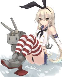 Rule 34 | 10s, 1girl, anchor hair ornament, blonde hair, elbow gloves, gloves, green eyes, hair ornament, hairband, highleg, highleg panties, kantai collection, knees up, microphone, nazunakku, panties, rensouhou-chan, shimakaze (kancolle), sitting, solo, striped clothes, striped thighhighs, thighhighs, twitter username, underwear, white gloves