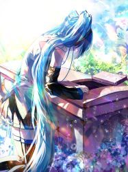 Rule 34 | 1girl, absurdres, aqua hair, bare shoulders, black skirt, black sleeves, black thighhighs, coffin, commentary, crying, detached sleeves, feet out of frame, flower, grey shirt, hair ornament, hatsune miku, headphones, highres, kneeling, leaning forward, lens flare, lily (flower), long hair, looking down, miniskirt, parted lips, pleated skirt, shirayuki towa, shirt, sidelighting, skindentation, skirt, sleeveless, sleeveless shirt, solo, thighhighs, twintails, very long hair, vocaloid, water drop, zettai ryouiki