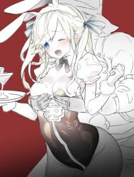 Rule 34 | 10s, 1boy, 1girl, ;d, animal ears, black pantyhose, blonde hair, blue eyes, blush, bow, bowtie, breasts, cocktail glass, cucouroux (granblue fantasy), cup, detached collar, drinking glass, fake animal ears, grabbing, grabbing another&#039;s breast, grabbing from behind, gradient background, granblue fantasy, hair ribbon, hairband, hetero, koza game, leotard, long hair, medium breasts, nipples, one eye closed, open mouth, pantyhose, partially colored, playboy bunny, puffy short sleeves, puffy sleeves, rabbit ears, red background, ribbon, short sleeves, simple background, smile, solo focus, striped ribbon, sweat, tears, wrist cuffs