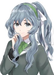 Rule 34 | 1girl, bad id, bad twitter id, green hairband, green ribbon, grey eyes, hairband, highres, holding, holding own hair, kantai collection, long hair, long sleeves, morinaga miki, open mouth, ribbon, shirt, silver hair, simple background, smile, solo, white background, white shirt, yamagumo (kancolle)