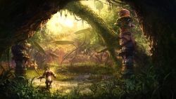 Rule 34 | 1boy, aman, balloon, concept art, day, evening, facing away, forest, frog, from behind, grass, holding, holding sword, holding weapon, light rays, lily pad, moonworker, nature, official art, outdoors, pond, scenery, sunbeam, sunlight, sword, tent, tera online, totem, tree, weapon, wetland