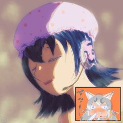 Rule 34 | black hair, elbow gloves, fukuinu daddy, gloves, highres, humboldt penguin (kemono friends), island fox (kemono friends), kemono friends, kemono friends v project, looking at viewer, microphone, multicolored hair, short hair, tail, virtual youtuber
