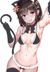 Rule 34 | 1girl, absurdres, anger vein, animal ear fluff, animal ears, armpits, bare shoulders, bikini, black bikini, black choker, black gloves, black thighhighs, bow, bowtie, breasts, breasts apart, brown hair, cat ears, cat girl, cat tail, choker, cowboy shot, foreshortening, frilled bikini, frills, front-tie bikini top, front-tie top, frown, gloves, gluteal fold, groin, hair ornament, hand up, highres, holding, holding tail, looking at viewer, maid, maid bikini, medium breasts, navel, open mouth, original, outstretched arm, purple eyes, selfie, short hair, sidelocks, simple background, skindentation, solo, stomach, sunhyun, swimsuit, tail, thighhighs, unconventional maid, v-shaped eyebrows, white background, x hair ornament