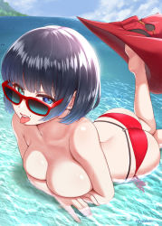 Rule 34 | 1girl, absurdres, ass, bare shoulders, beach, bikini, black hair, blue-tinted eyewear, blue-tinted glasses, blue eyes, blue sky, breasts, chiyosuke (nosuke21), cleavage, collarbone, green eyes, guilty gear, hat, heterochromia, highres, i-no, large breasts, looking at viewer, looking over eyewear, looking over glasses, lying, mole, mole above mouth, on stomach, open mouth, red hat, short hair, sky, solo, sunglasses, swimsuit, thighs, tinted eyewear, tongue, tongue out, witch hat