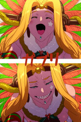 1girl antlers bikini blonde_hair blush breasts chin_piercing closed_eyes earrings echo_(circa) fake_horns fate/grand_order fate_(series) feathers fur-trimmed_bikini fur_trim green_eyes grin hair_ornament headband headdress horns jewelry large_breasts long_hair looking_at_viewer multiple_views open_mouth parted_bangs quetzalcoatl_(fate) quetzalcoatl_(samba/santa)_(fate) red_bikini santa_bikini sharp_teeth smile swimsuit teeth