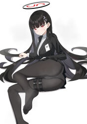 Rule 34 | 1girl, :/, absurdres, arm support, ass, black hair, black jacket, black pantyhose, black skirt, black suit, blue archive, breasts, bright pupils, closed mouth, commentary, feet, foot out of frame, formal, full body, hair behind ear, hair ornament, hairclip, halo, highres, id card, jacket, large breasts, legs, long hair, long sleeves, looking at viewer, miniskirt, no shoes, panties, panties under pantyhose, pantyhose, pleated skirt, reclining, red eyes, rio (blue archive), see-through, see-through legwear, shirt, sidelocks, simple background, skindentation, skirt, soles, solo, suit, sweatdrop, symbol-only commentary, tamago (eva1314056), thigh strap, thighs, toes, turtleneck, underwear, v-shaped eyebrows, very long hair, white background, white panties, white pupils, white shirt