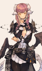 Rule 34 | 1girl, au ra, warrior of light (ff14), black pantyhose, book, breasts, center opening, dragon horns, dragon tail, final fantasy, final fantasy xiv, highres, horns, kemomin nosuke, long hair, looking at viewer, low wings, pantyhose, pink hair, pleated skirt, scales, skirt, small breasts, solo, tail, white background, wings, yellow eyes