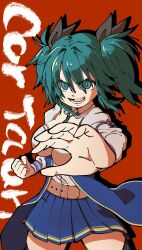 Rule 34 | 1girl, aqua eyes, aqua hair, assault lily, belt, black necktie, black ribbon, blue skirt, breasts, brown belt, brown thighhighs, clenched hand, collared shirt, commentary request, cowboy shot, fighting stance, foreshortening, hair between eyes, hair ribbon, hand up, highres, hyhr96, juliet sleeves, large breasts, long sleeves, looking at viewer, lower teeth only, medium hair, miniskirt, necktie, odaiba girls high school uniform, open mouth, outstretched arm, pleated skirt, puffy sleeves, reaching, reaching towards viewer, red background, red pupils, ribbon, school uniform, shirt, simple background, skirt, smile, solo, standing, suzuki chinami, teeth, thighhighs, twintails, v-shaped eyebrows, waist cape, white shirt