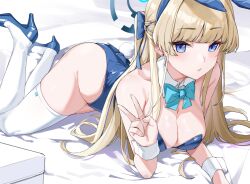 Rule 34 | 1girl, absurdres, animal ears, bare shoulders, blonde hair, blue archive, blue eyes, blue leotard, bow, bowtie, braid, breasts, case, cleavage, detached collar, fake animal ears, fake tail, halo, high heels, highres, large breasts, leotard, long hair, looking at viewer, mr.zhuo, multicolored hair, official alternate costume, playboy bunny, rabbit ears, rabbit tail, solo, strapless, strapless leotard, streaked hair, tail, thighhighs, toki (blue archive), toki (bunny) (blue archive), v, very long hair, white thighhighs, wrist cuffs
