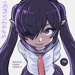 Rule 34 | 1girl, arms behind back, artist name, backbeako (torotei), backbeard, black hair, blush, commentary request, dated, eyes visible through hair, gegege no kitarou, hair over one eye, kono lolicon domome, long hair, long sleeves, looking at viewer, necktie, one eye closed, original, parted lips, pointy ears, red eyes, red necktie, sailor collar, school uniform, shirt, simple background, skirt, smile, solo, torotei, translated, twintails, twitter username, upper body, white background, white shirt