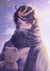 Rule 34 | 1boy, absurdres, ahoge, black hair, black scarf, blonde hair, blue sky, blush, brown jacket, cloud, cloudy sky, cold, commentary, covered mouth, day, english commentary, eyelashes, highres, holding, holding stuffed toy, jacket, long hair, looking at viewer, male focus, mochigome (yum), multicolored hair, nijisanji, nijisanji en, outdoors, parted bangs, pink hair, plaid, plaid scarf, purple eyes, purple hair, scarf, scarf over mouth, shu yamino, sidelocks, sky, solo, streaked hair, stuffed animal, stuffed toy, swept bangs, teddy bear, upper body, virtual youtuber