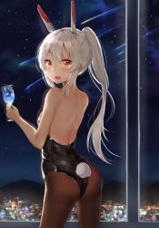 Rule 34 | 1girl, :o, absurdres, arched back, ass, ayanami (azur lane), azur lane, back, backless outfit, backlighting, bare arms, bare shoulders, black leotard, breasts, brown pantyhose, city lights, cocktail glass, cowboy shot, cup, drink, drinking glass, from behind, glint, hair ornament, headgear, highres, holding, holding cup, indoors, leotard, long hair, looking at viewer, looking back, meteor shower, night, night sky, open mouth, pantyhose, playboy bunny, ponytail, rabbit girl, rabbit tail, red eyes, refile, sidelocks, silver hair, sky, small breasts, solo, standing, star (sky), starry sky, tail, wine glass