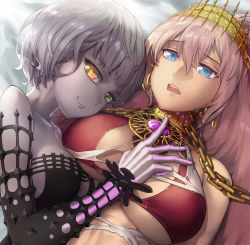 Rule 34 | 2girls, bikini, bikini top only, blue eyes, breasts, chain, colored skin, earrings, fate/grand order, fate (series), gold chain, grey hair, grey skin, hand on another&#039;s chest, highres, jacques de molay (foreigner) (fate), jacques de molay (foreigner) (third ascension) (fate), jewelry, large breasts, lizart, long hair, medium breasts, multiple girls, revision, smile, swimsuit, torn clothes, yellow eyes, zenobia (fate)