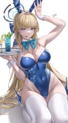 Rule 34 | 1girl, :o, absurdres, animal ears, arm up, bare shoulders, blonde hair, blue archive, blue bow, blue eyes, blue hairband, blue leotard, bow, bowtie, braid, breasts, cleavage, covered navel, cup, detached collar, drinking glass, fake animal ears, food, fruit, groin, hairband, halo, high heels, highleg, highleg leotard, highres, holding, holding tray, ice, ice cube, large breasts, leotard, lime (fruit), lime slice, long hair, mint, official alternate costume, official alternate hairstyle, parted lips, playboy bunny, rabbit ears, rabbit pose, seiza, signature, sitting, solo, thighhighs, thighs, toki (blue archive), toki (bunny) (blue archive), tray, very long hair, white thighhighs, wrist cuffs, yabacha