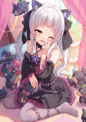 Rule 34 | &gt; &lt;, 1girl, :d, ;d, animal ear fluff, animal ears, bare shoulders, black dress, black ribbon, blush, cat ears, dress, frilled dress, frilled sleeves, frills, grey pantyhose, hair ribbon, halter dress, halterneck, hat, highres, hololive, long hair, long sleeves, milkshakework, murasaki shion, murasaki shion (gothic lolita), no shoes, one eye closed, open mouth, pantyhose, party popper, petting, ribbon, round teeth, shiokko (murasaki shion), silver hair, sitting, smile, solo, tearing up, teeth, twintails, upper teeth only, virtual youtuber, wariza, witch hat, xd, yellow eyes